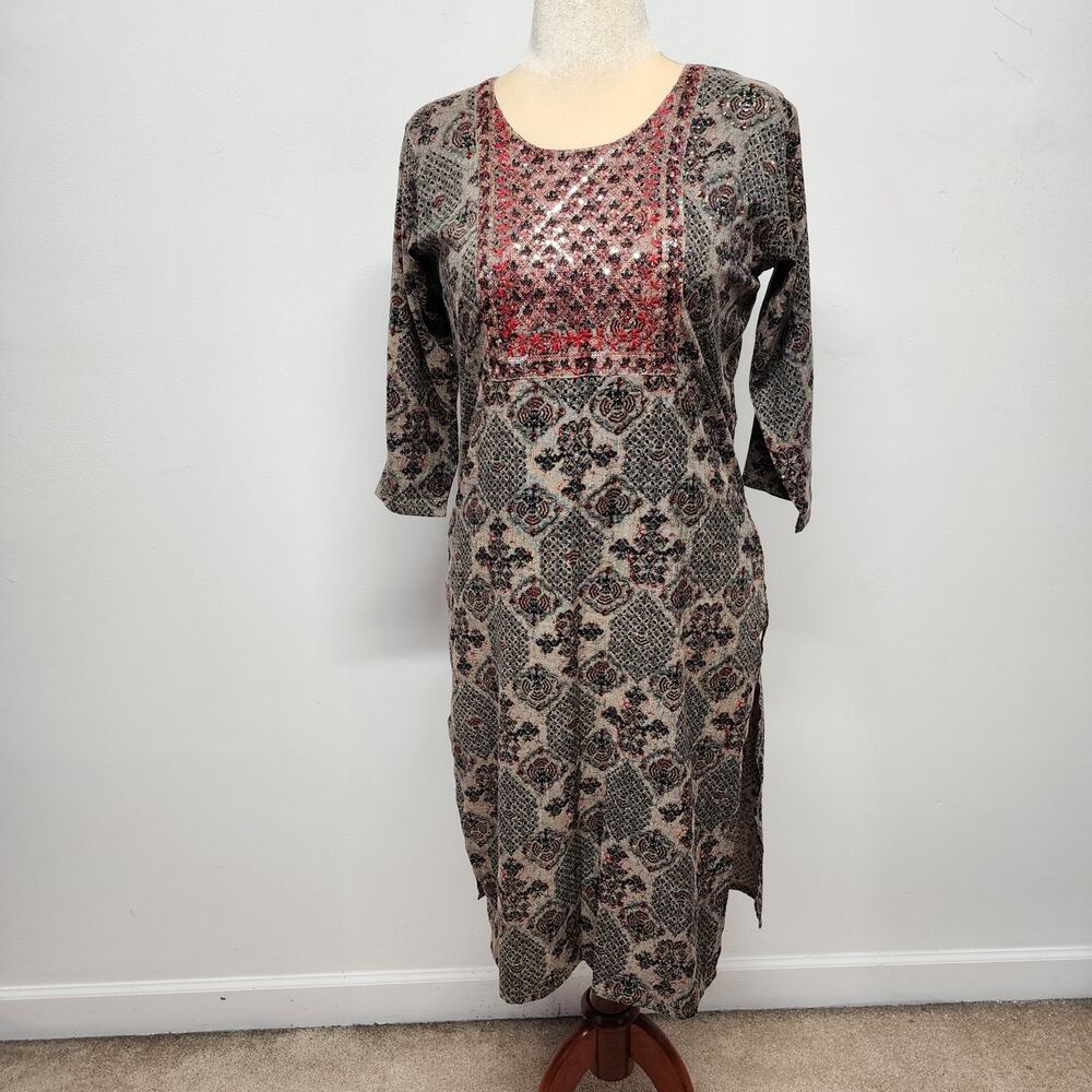 Maatshi Womens Embroidered Kurta Size XL Brown Abstract Sequin Chikankari Sari